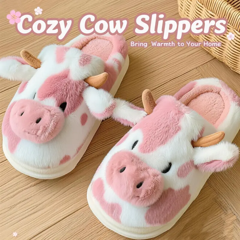 Women's Cute Cartoon Cowprint Animal Head Slip-On House Slippers - Cozy, Fluffy Squishy, Non-Slip Rubber Sole, Warm, Flat Heel, Indoor Autumn Winter Casual Animal Head Fluffy Squishy Fashion Footwear