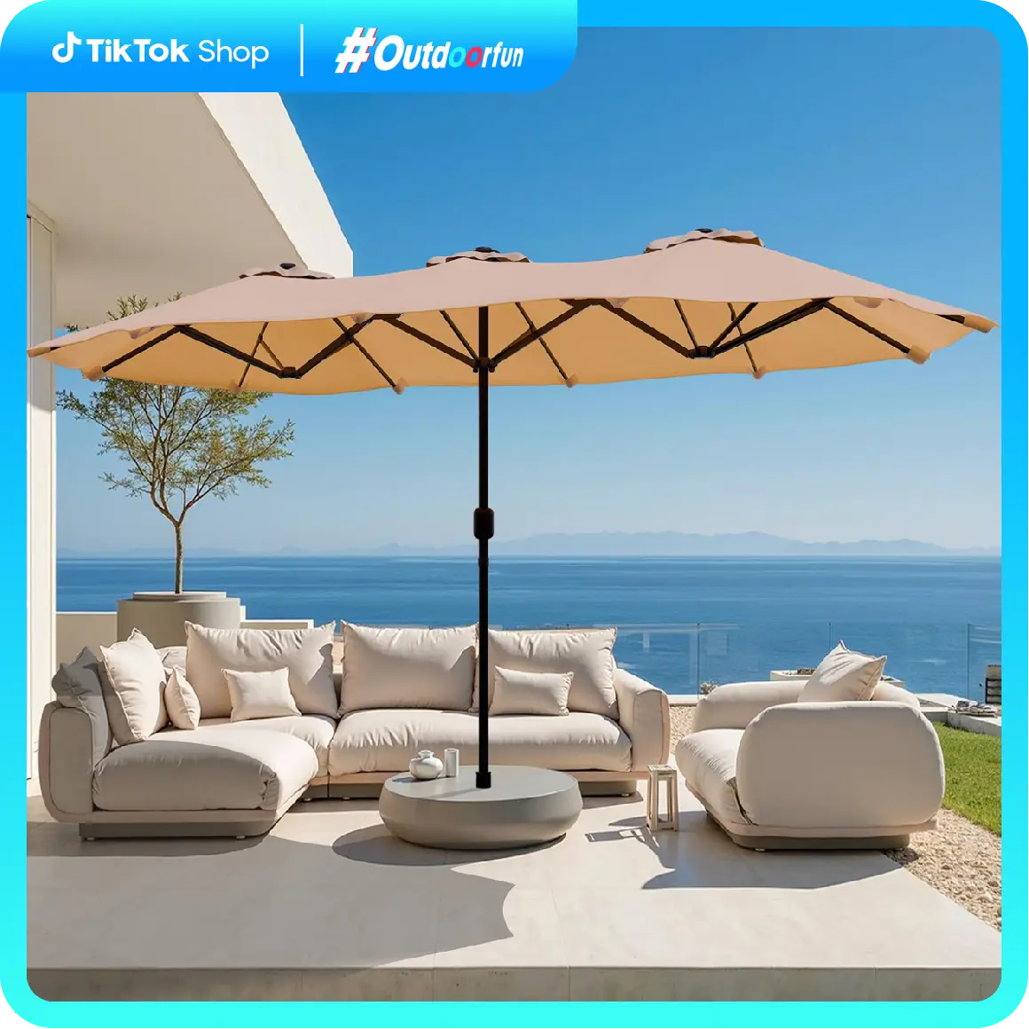 Walsunny 15 ft Large Patio Umbrella with Base Include,Double Sided Outdoor Rectangular Patio Umbrella with Crank Handle for Pool Garden Backyard,Beige