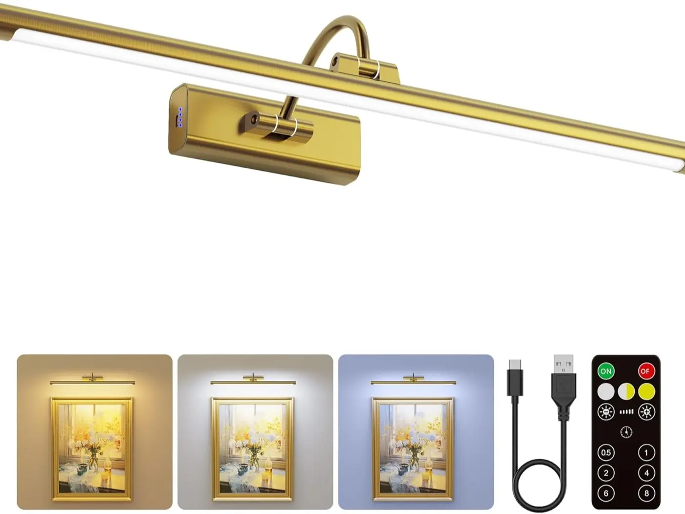 Luxurious Metal Wall Picture Lights - 8000mAh Wireless Brass-Operated Indoor Lights with Remote Control, Fast Charging, Adjustable Angle for Large Portraits, Paintings, Frames, Restaurants, Wall Lights