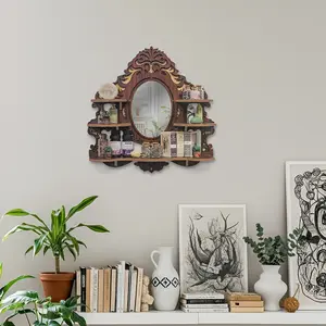 FNYDOX 1pc Bohemian Floating Shelf with Mirror - Wall-Mounted Artificial Wood Shelf Suitable for Keys, Plants, Crystal, Essential Oil Storage - Glossy Farmhouse Chic Mirror & Display Shelf for Home Decor - Installation, Space-Saving Gift