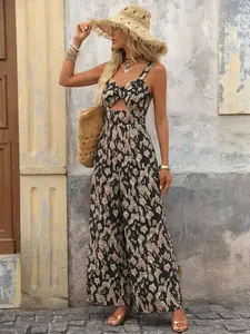 Boho Leopard Print Romper, Sleeveless, Chest Cutout Tie Twist Design, Waist Cinch, Wide Leg, Perfect for Summer Daily Wear, Commute, Beach Vacation
