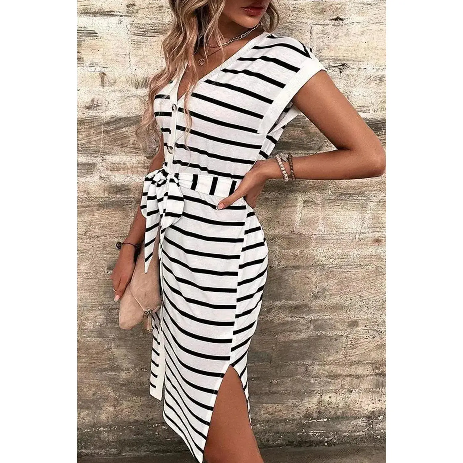 Elegant Striped V-Neck Button Midi Dress