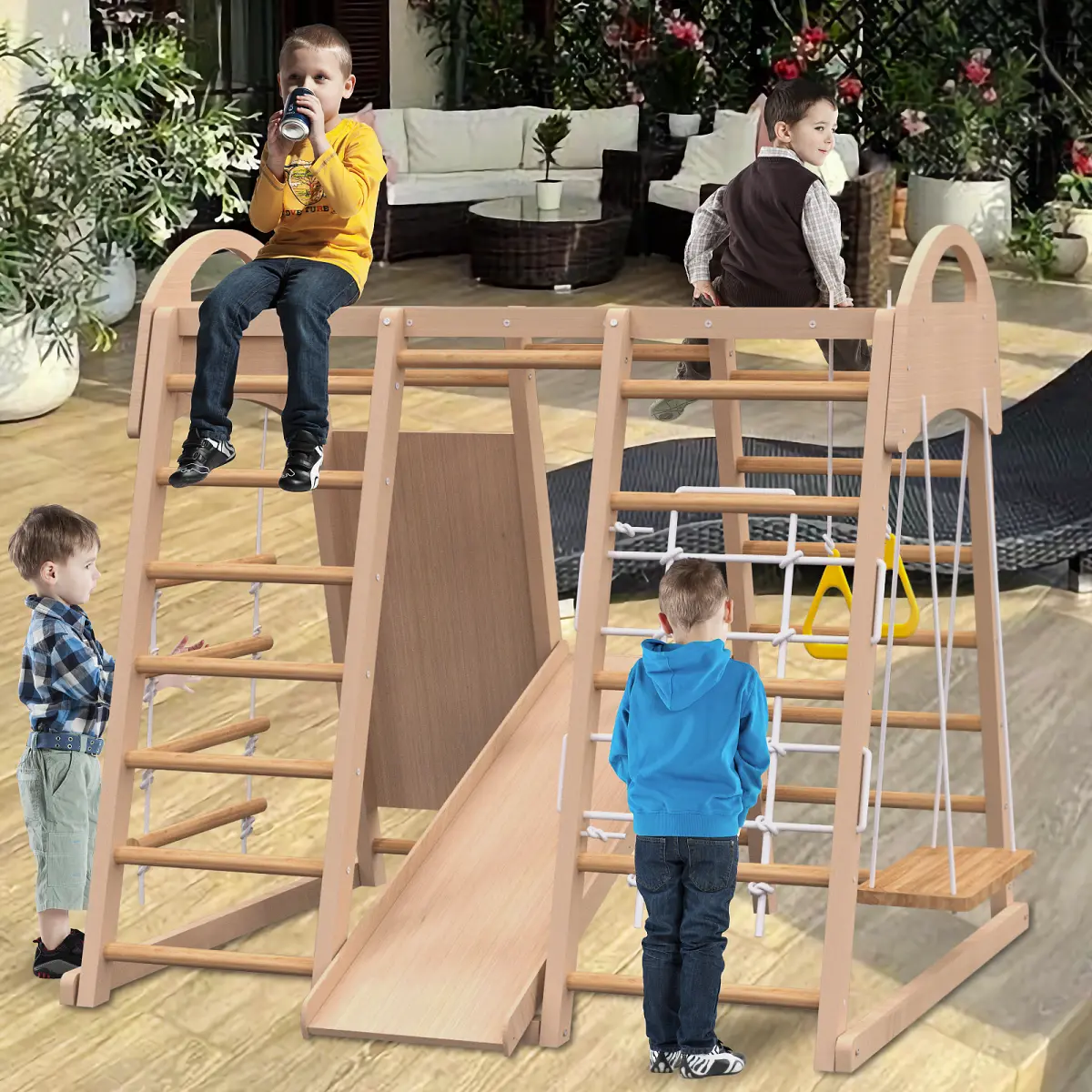 Wooden Unisex 7-in-1 Indoor Jungle Gym Playset for 3-4yrs Kids - Sports Equipment with Slide, Climbing Wall, Rope Climber, Monkey Bars, Swinging Swing, Sturdy Rails, Waldorf/Montessori Style, 55.10x53.15x47.24 inches, 62.30lbs, Supports Child Development,