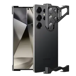 Compatible For Samsung Galaxy S25 S24 S23 S22 ULTRA Borderless Lens Stand Case, Aluminum Metal Frameless Design, with Camera Lens Protector, Slim Thin & Lightweight, Shockproof Bumper Case for Women Men