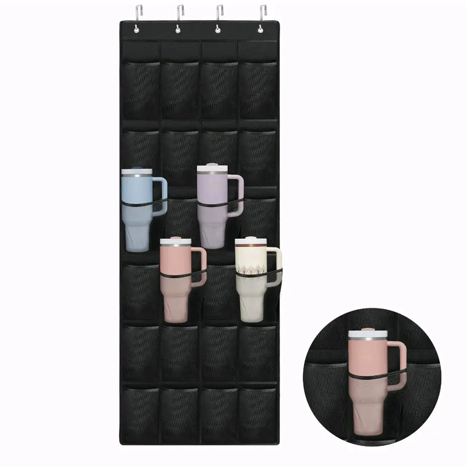 24-Pocket Cup Organizer for Stanley & other Tumblers – Large Capacity Hanging Storage Bag, Foldable & Portable, Perfect for Kitchen, RV, Cabinet, or Wall – Black or White