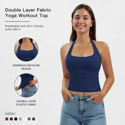 MFVIM Female Halter Neck Fitted Workout Bra - Nylon Blend (78% Nylon,22% Spandex), Built-In Pad, Wireless, Yoga Clothes with Cloud-Like Feel, Cold Wash Sport Top for Summer Yoga Gym Use