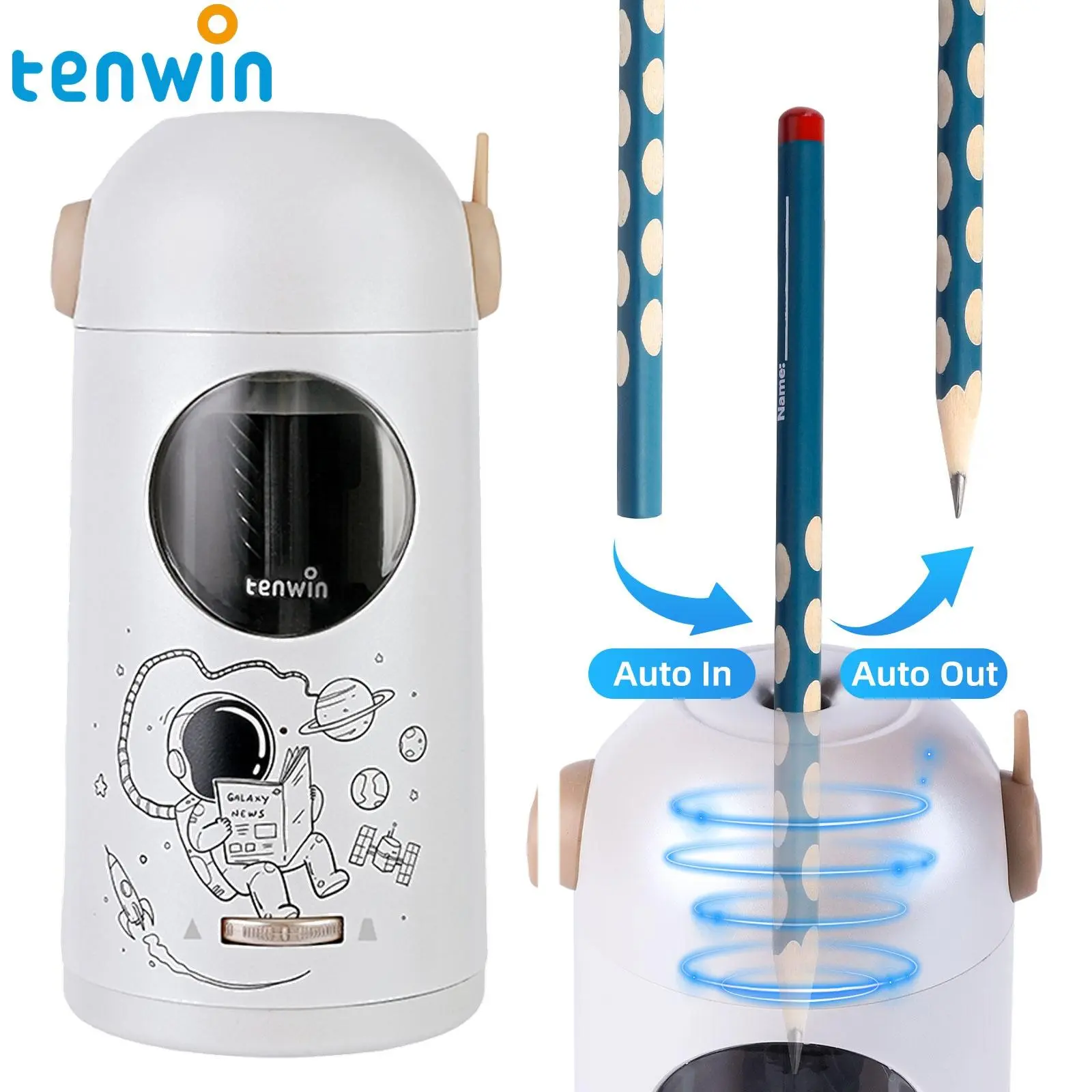 tenwin Fully Automatic Cordless Electric Pencil Sharpener - 5 Seconds Fast Sharpening, 2000mAh Rechargeable, Durable Blade, Auto Eject, Shavings Management, No-Waste, 7-11.5mm Colored Pencil Compatible, Ideal for Teachers, School Supplies Haul, Office Use