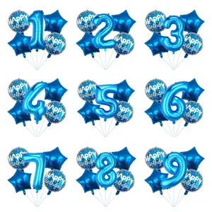 5pcs Blue Birthday Balloons Set, Reusable Aluminum Foil Balloons, Helium Compatible, Party Decorations, Anniversary Celebrations