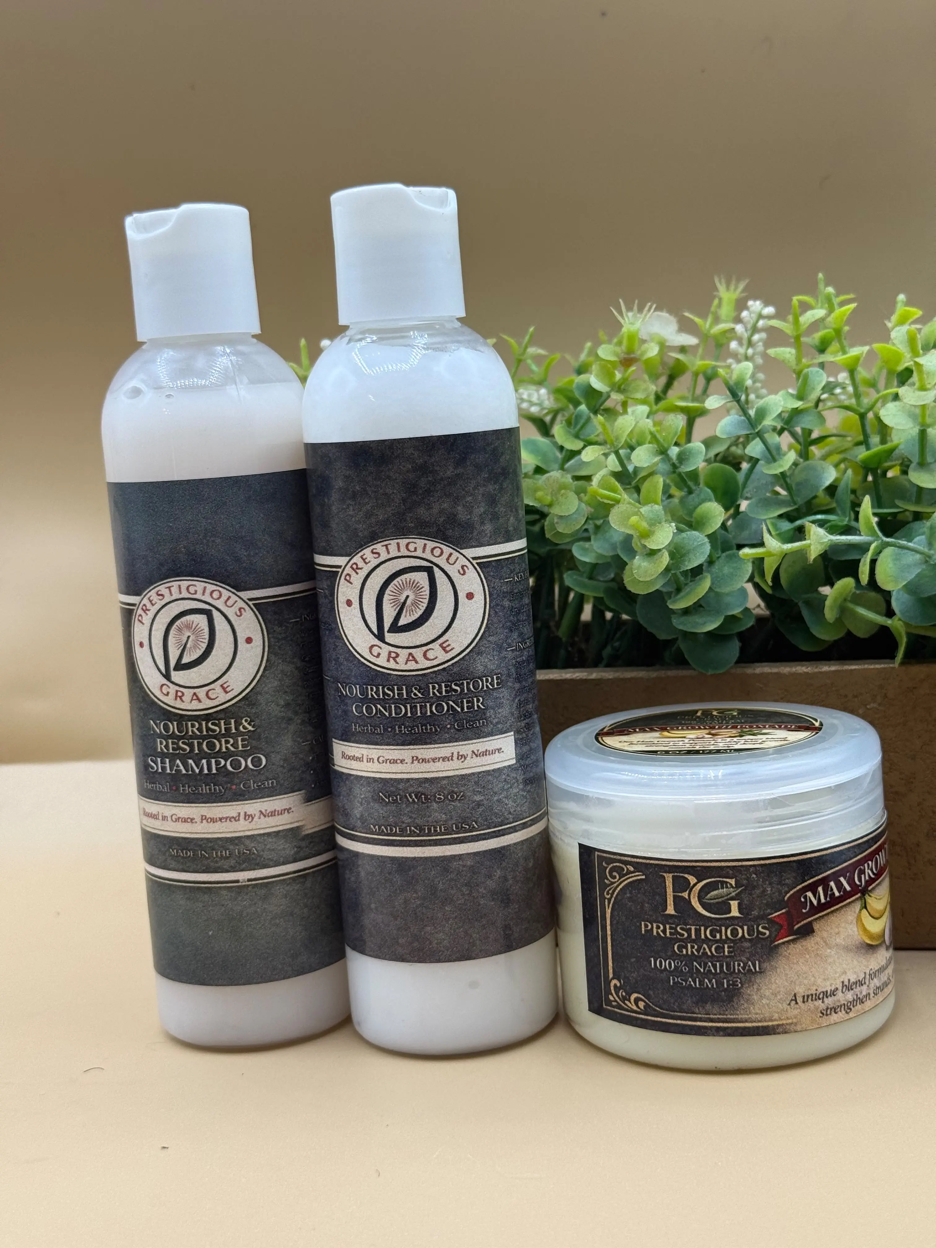 Prestigious Grace Nourish & Restore Hair Care Trio includes Shampoo, Conditioner, and Pomade