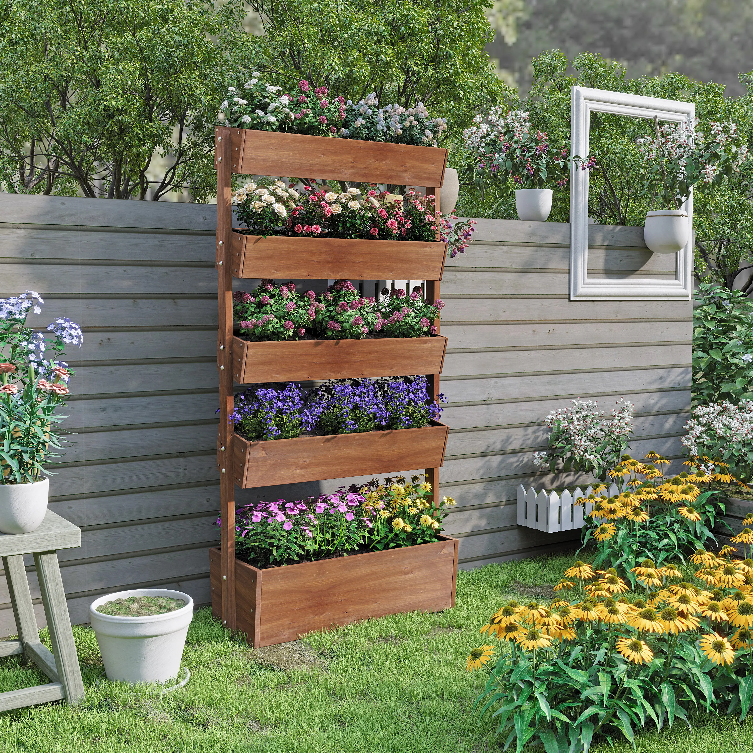 K KELBEL 5-Tier Wooden Planter Box, Vertical Gardening Kit for Herbs, Flowers, and Vegetables, Outdoor and Indoor Use, Weather-Resistant Design for Balcony, Patio, and Garden