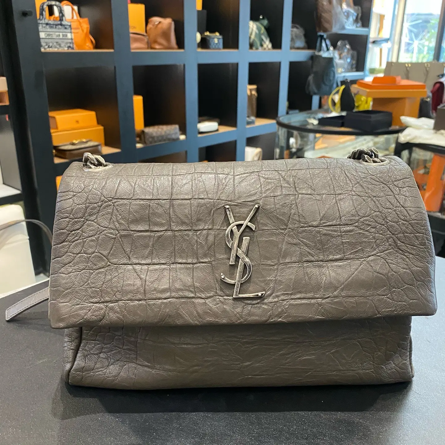 Pre-owned Yves Saint Laurent YSL Hollywood Embossed Crossbody Flap Bag Dark Gray