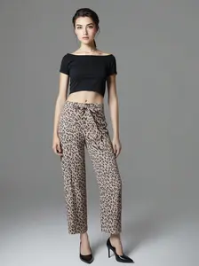 Khaki Leopard Print Barrel Jeans, Drawstring Elastic Waistband Pocketed Denim Pants For Women, Casual Trendy Loose Fit Bottoms For Daily Street Leisure Wear SummerVibes