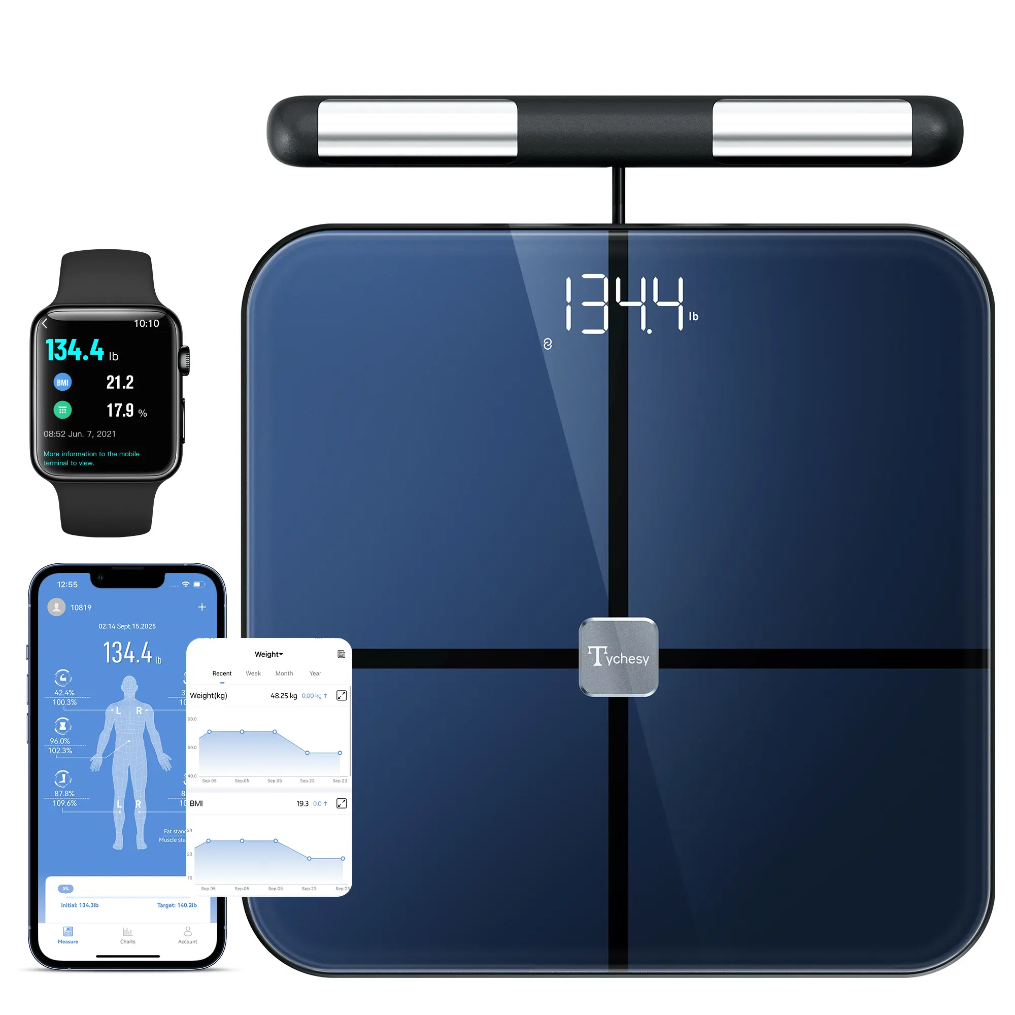 Tychesy 8-Electrode Smart Body Fat Scale with Handle, High Precision Body Composition Analyzer with App, Bluetooth Digital Bathroom Scale for Muscle, BMI, Weight