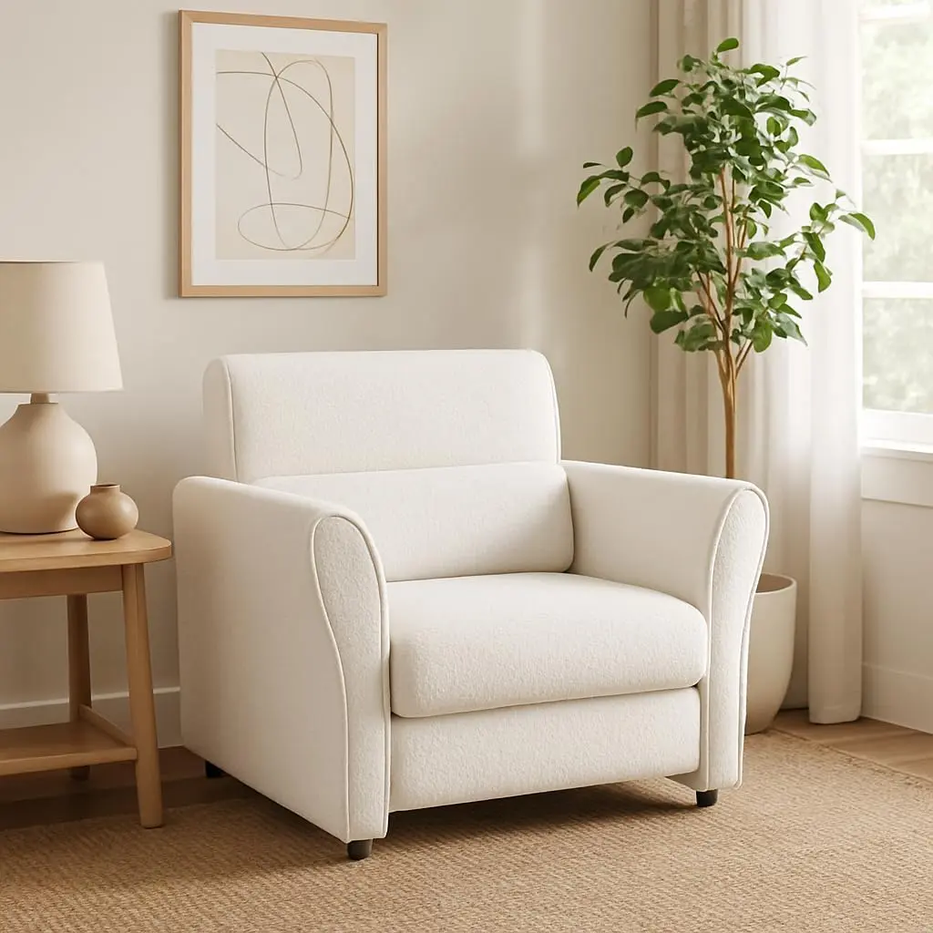 Modern Accent Chair for Bedroom, Upholstered Reading Armchair, Furry Sherpa Boucle Chair, Mid-Century Lounge Comfy Sofa for Living Room Home Office, Ivory