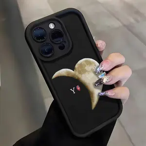 Minimalist Personalized Moon Heart Pattern Case for iPhone 16 15 14 Pro Max 13 12 11 XR XS Plus Shockproof Full Camera Protection Durable slim Silicone Cover