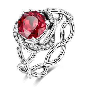 MULA Silver-Plated Briar Rose Ring - Red CZ Accents, Thorn Vines Design, Gothic Romantic Costume Jewelry, Wedding Engagement Ring, Ideal 1-2 Occasion Gift (Anniversary, Birthday), Everyday Wear