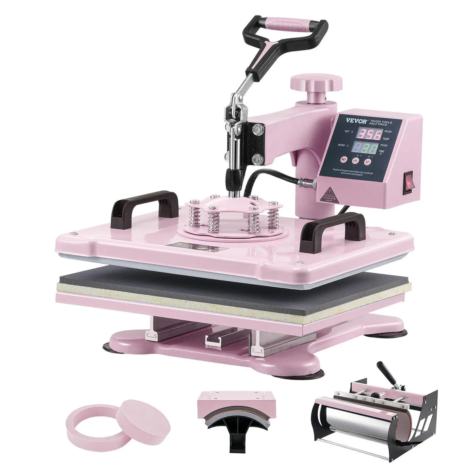 【Summerfinds】VEVOR Heat Press Machine,  , 12 x 15 inch, 5 in 1 Heat Transfer Machine with 30 oz Tumbler Press, 360° Swing Away T-Shirt Pressing, Digital Precise Control, for T-Shirts/Mugs/Hats/Plates, Pink