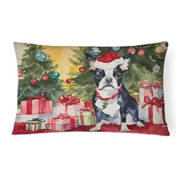 Unisex 16x12 in. Whimsical Boston Terrier Christmas Decorative Pillow - Fade-Resistant, Water-Resistant Fabric, Printed Surface for Indoor Room Decor, House Decor, Home Bedding, Whimsical Home Decor