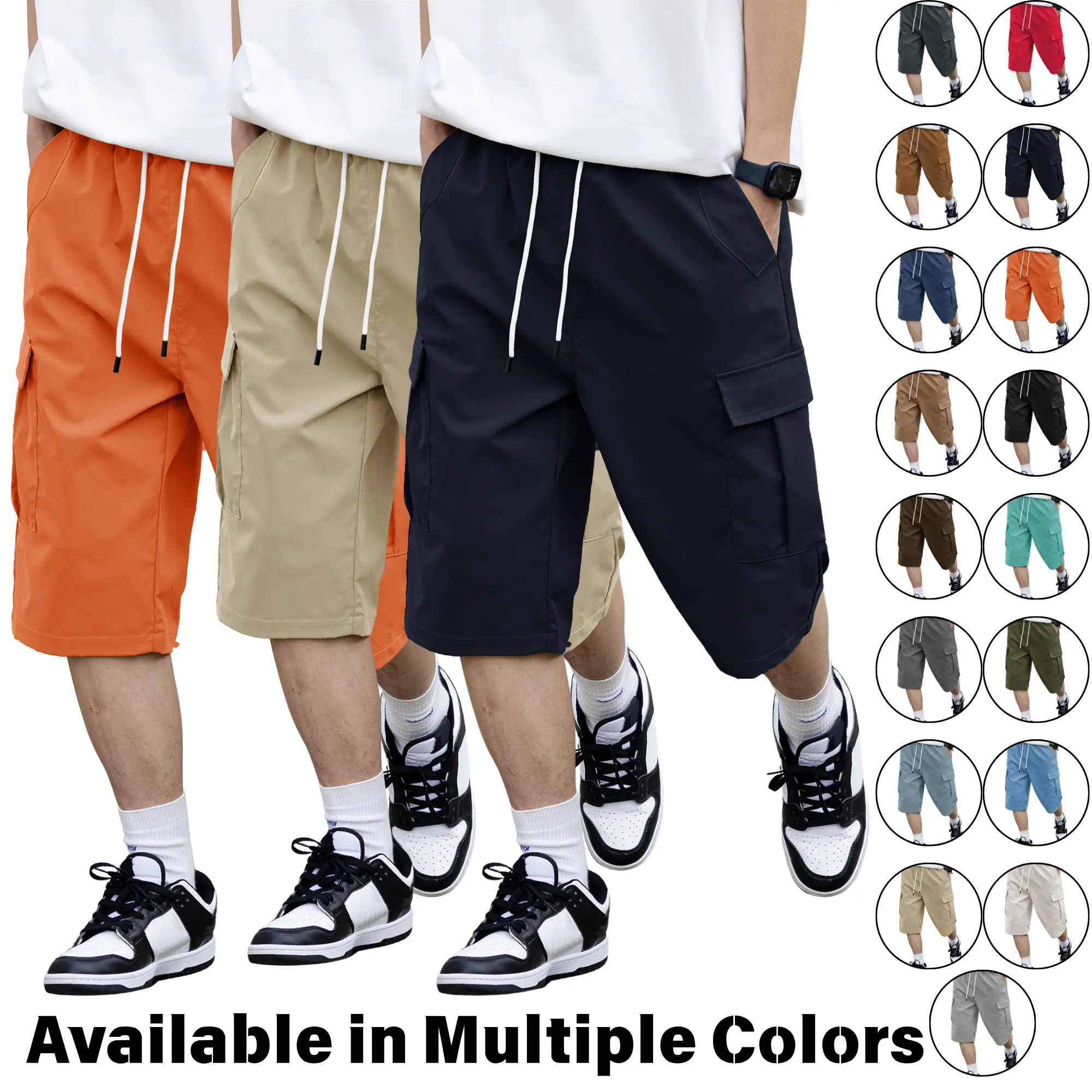 Men's Cargo Shorts - Quick-Dry Menswear Fabric, 7/8 Over-The-Knee Extended-Length, Adjustable Drawstring Elastic Waistband, Loose-Fitted Straight Cut, Large Pockets, Casual Summer Outdoor Men's Bottoms for Various Body Types, Extended-Length Men's Shorts