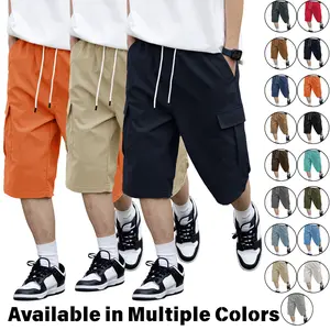 Men’s cargo shorts with large pockets, 7/8 length casual style; American drawstring elastic waistband, quick-dry over-the-knee design. Versatile summer bottoms for outdoor activities and commuting—loose straight cut suitable for various body types. Availa
