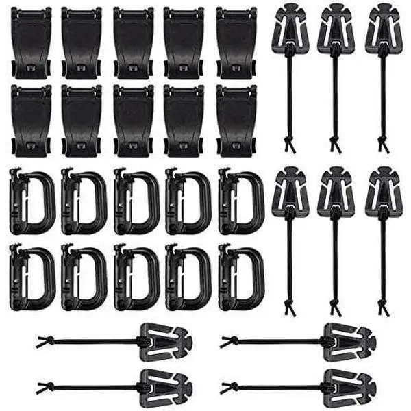 Unisex 36-Count Molle Compatible Tactical Gear Attachments - 1.8in(L)x1.1in(W) Metal D-Ring Grimloc Clips, Web Dominator Strings, Strap Buckles, Hydration Tube Clips, Key Rings for Molle Systems, Durability, Quick Snap-Ons, Fits 1" Webbing, Hiking,Camping