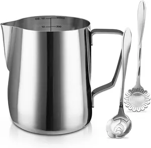 Milk Frothing Pitcher Cup, 12Oz/350Ml Milk Frother Cup Stainless Steel Steaming Pitcher Milk Jug Coffee Latte Art Cappuccino Espresso Machine Accessories Barista Steam Pitchers Attached Dessert Spoons SIKEMAY