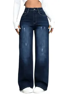 Women's High-Waisted Minimalist Pure Cotton Washed Jeans - Pocket, Comfortable, Soft, Structured, Shape-Retaining Straight Leg Trousers, Cold Wash Basic Everyday Pants for Casual, Streetwear