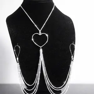 Silver Heart Non‑Piercing Nipple Necklace • Adjustable Chest Chain Jewelry • Silicone Rings