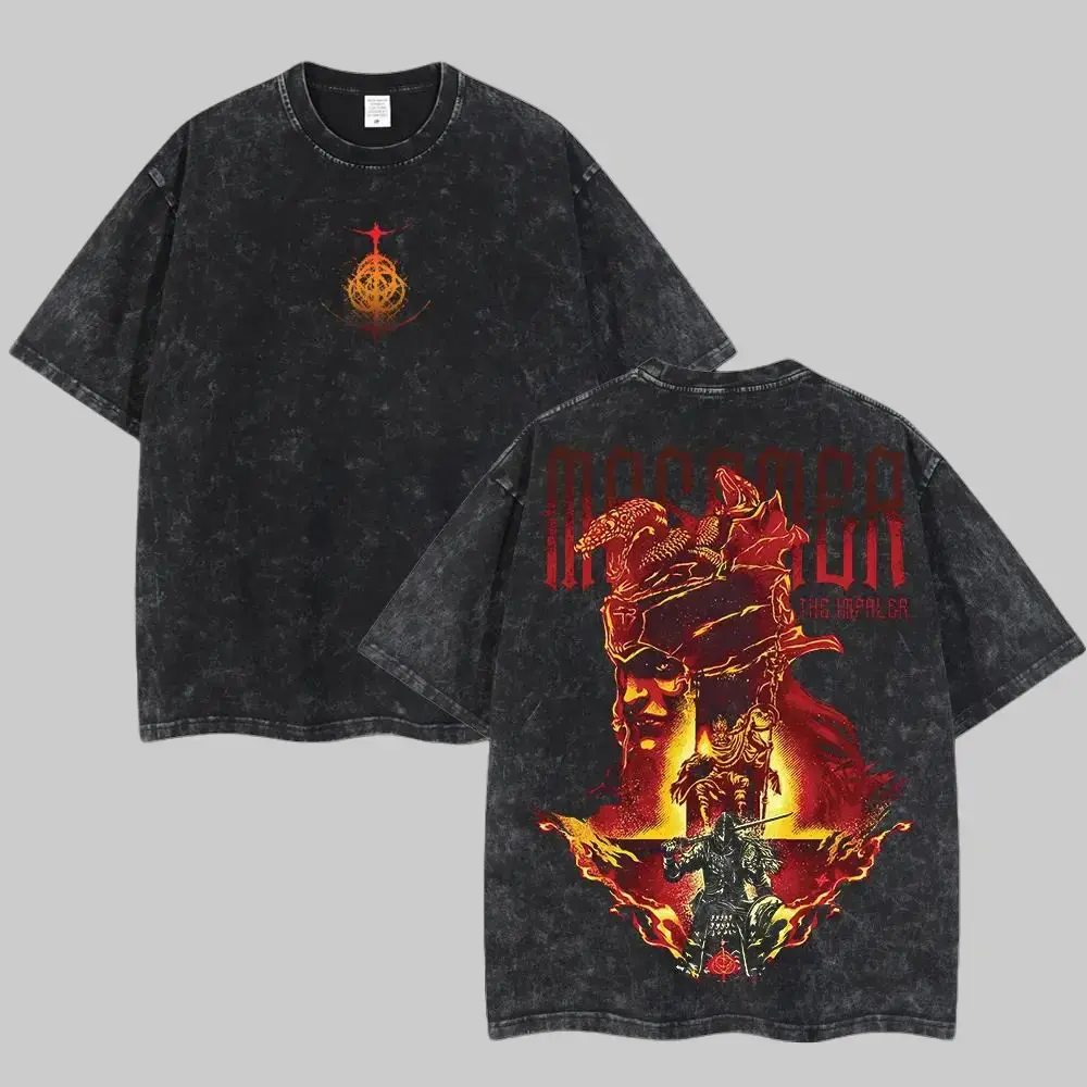 Retro Vintage Elden Ring Graphic Tee | Oversized Acid Washed Lightweight Cotton T-Shirt | Double Printed Dark Fantasy Anime Streetwear Top | Y2K Unisex Gamer Gift