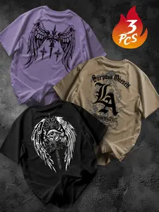 3-Pack Plus Size Men's T-Shirts, Gothic Style Series, Polyester Material, Casual Streetwear, Loose Fit, Round Neck, Short Sleeve