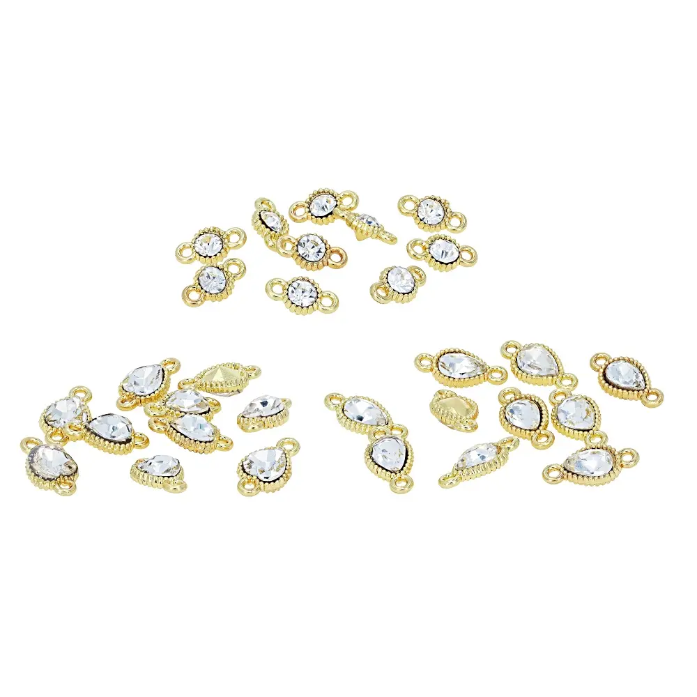 Jewelry DIY Gold-Tone Drop, Heart, and Round Connectors with Cubic Zirconia (Set of 30)