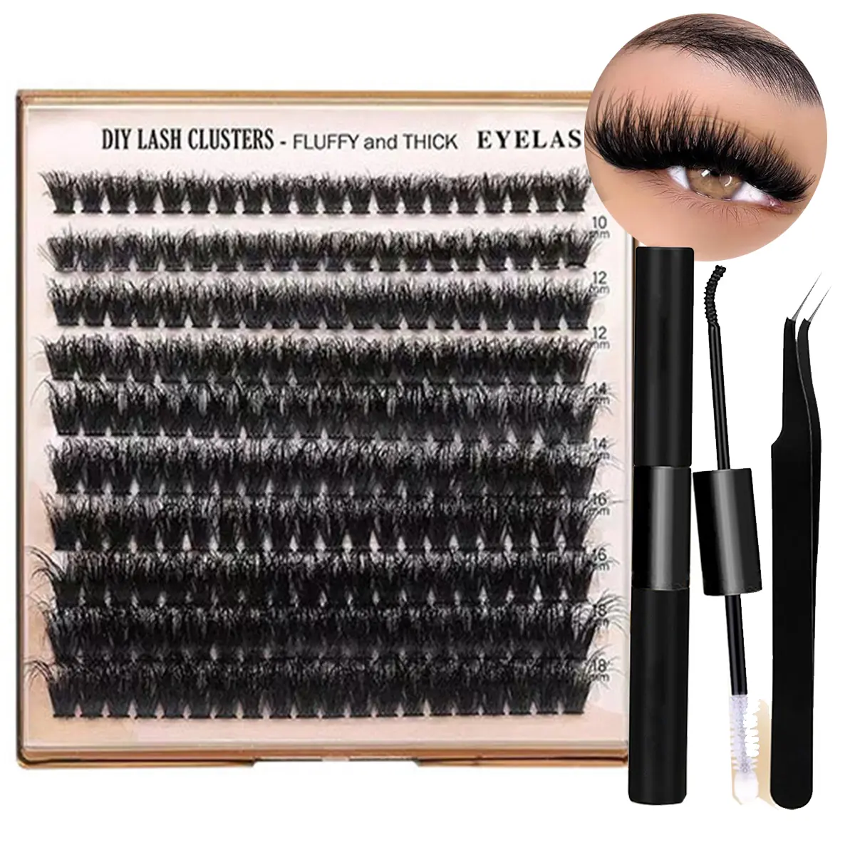 Mixed Volume Lash Clusters Kit DIY Lash Extension Kit D Curl Eyelash Extensions with Lash Bond and Seal Waterproof Tweezers,10-14mm Eye Corner Eyelashes and 16-18MM Cluster Lashes Makeup Cosmetic