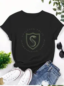 Womens Wizarding Graphic T-Shirt - Black Crew Neck Short Sleeve Top with Nation Prize Defination Design & Geometric Shield Emblem, Breathable for Spring & Summer Casual Wear, Machine Washable Everyday Comfort, Ladies T Shirts