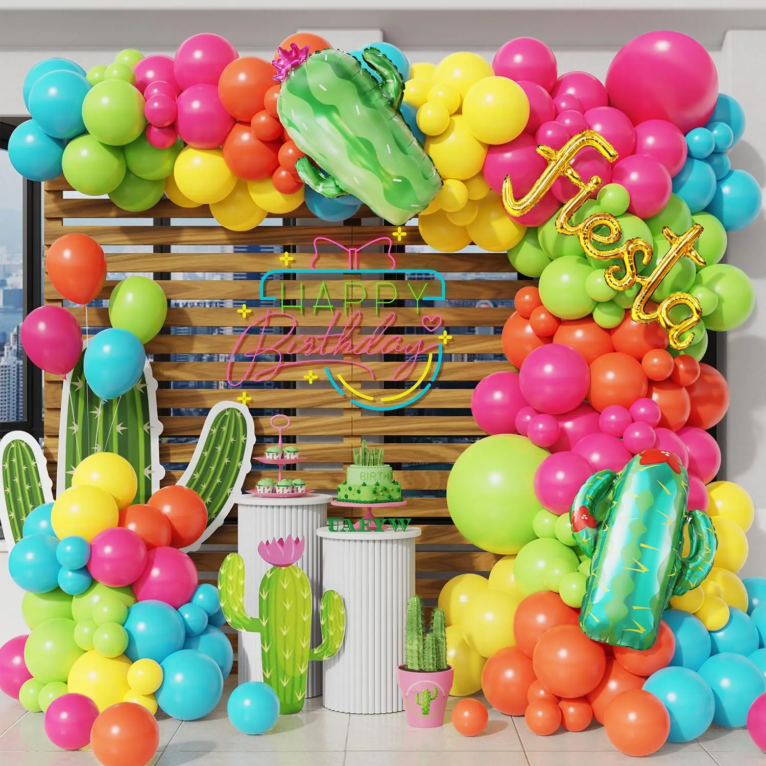 137PCS Fiesta Balloon Garland Kit Rainbow Cactus Balloons for Luau Birthday Party Decor