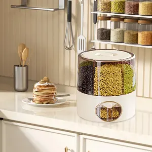 Rice Dispenser, 6-Grid Food Dispenser, Large Grain Container Storage with Lid Measuring Cylinder Household Cereal Dispenser Bucket , Rotating Rice Bucket ,For Kitchen Soybean Corn, One-Click Output, 360°