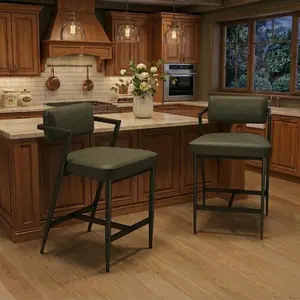 Set of 2 Farmhouse Bar Stools, Upholstered Tall Counter Height Chairs with Plush Cushions & Backrest, Metal Frame for Kitchen Island, Home Bar, or Dining, Retro Green