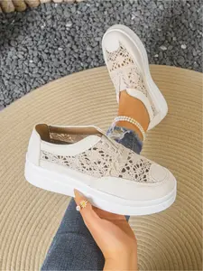 Women's new round-toe thick-soled crochet hollow breathable slip-on shoes for outdoor wear, stylish, simple, comfortable, lightweight, suitable for daily commuting and casual wear, Footwear