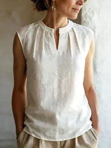 Linen Blend Lightweight Sleeveless Top, Stand Collar Split Design Shirt, Summer Commute Casual Style, Trendy Fashion for Daily Wear