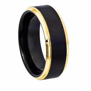 1PC Men's Tungsten Ring with Black Polished Surface and Gold Plated Bezel, Minimalist Engagement/Wedding Ring, Perfect Valentine's Day Gift for Him