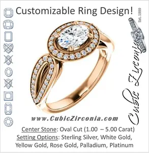 Cubic Zirconia Engagement Ring- The Jordyn Elitza (Customizable Halo-Style Oval Cut with Twisting Pavé Split-Shank)