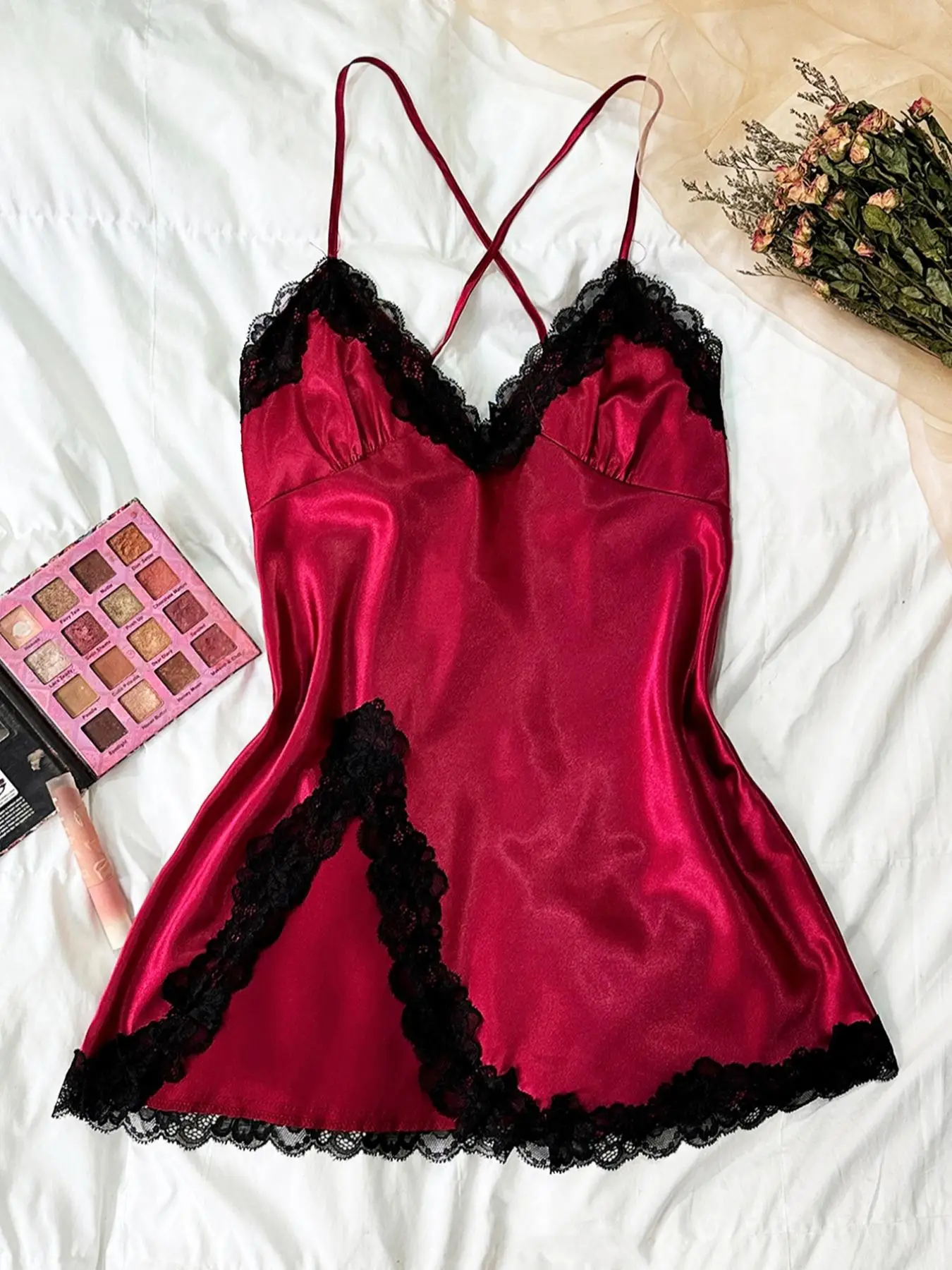 Valentine's Day Women's Contrast Lace Criss Cross Bow Back Satin Cami Nightdress, Elegant Spaghetti Strap Split Hem Backless Nightgown, Gift for Her,