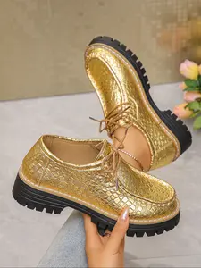 Women's Fashion Casual Fall Kangaroo Shoes, Soft PU Leather Lace-Up Thick Sole Loafers, Round Toe Retro Chunky Heel, All Seasons