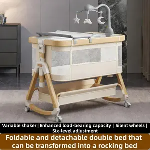 Portable Multi-Function Bassinet ，A 3-in-1 multifunctional baby crib featuring a changing table, mosquito net, rotating mobile, and storage basket. It offers six adjustable height levels, a full mesh design for optimal airflow, and a sturdy wooden frame