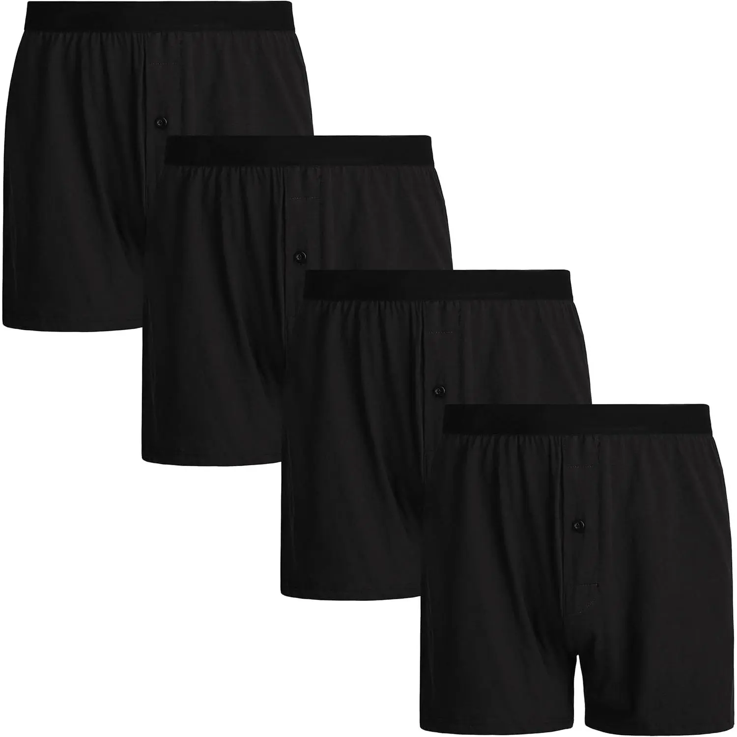 Men's 100% Cotton Knit Boxer Shorts, 4-Pack Black Lounge Underwear, Loose Fit with Soft No-Roll Waistband & Button Fly, 4 Black