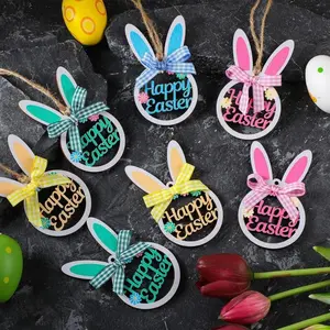8 Piece Rabbit Decor Set, Wooden Hanging Rabbit Ornaments with Checkered Bow Tie and Rope, Spring Home Decor, Garden Tree Hangings, Festival Decoration