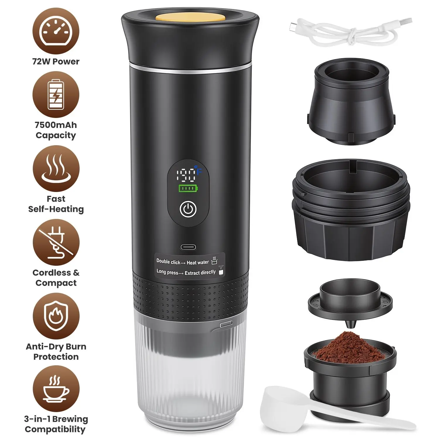 3-in-1 Portable Espresso Machine Cordless Self-Heating Coffee Maker with 7500mAh Battery 20Bar Pressure Anti-Dry Burn Fit for Ground Coffee/NS/DG Capsules for Camping Hiking RV Home Office