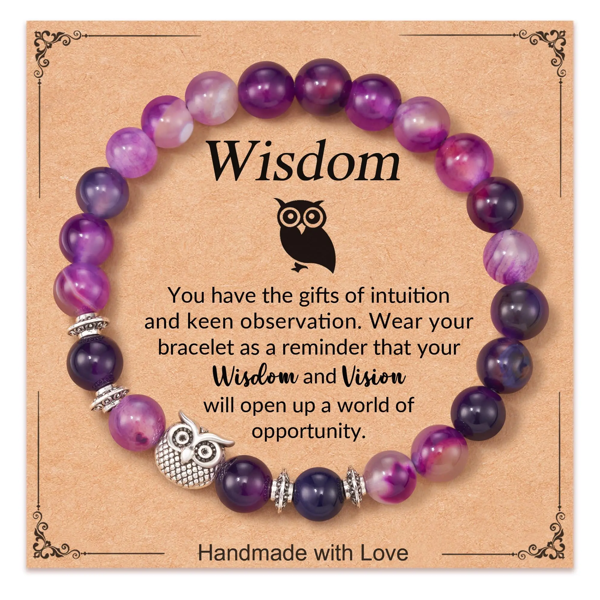 8mm Natural Artificial Gemstone Inspirational Owl Bracelet for Female Adults, Holiday Gift for Owl Lovers (Thanksgiving, Christmas, Birthday, New Year Eve), Bird