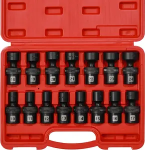 15PCS 1/2" Drive Shallow Universal Impact Socket Set, 6 Point, Metric, CR-MO, Swivel Standard Impact Socket Set, 10mm - 24mm