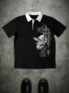 Gothic Angel Cross Print Polo Shirt, Vintage Street Style Y2K Short Sleeve Top, Men's Casual T-Shirt, Punk Graphic Tee for Daily Wear Streetwear