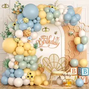 120 PCS Pastel Balloon Arch Kit, Sage Green Dusty Blue Yellow Balloon Garland, Slate Blue Smoke Green Lemon Yellow Sand White Balloons for Baby Shower Bridal Birthday Kids Party Decoration